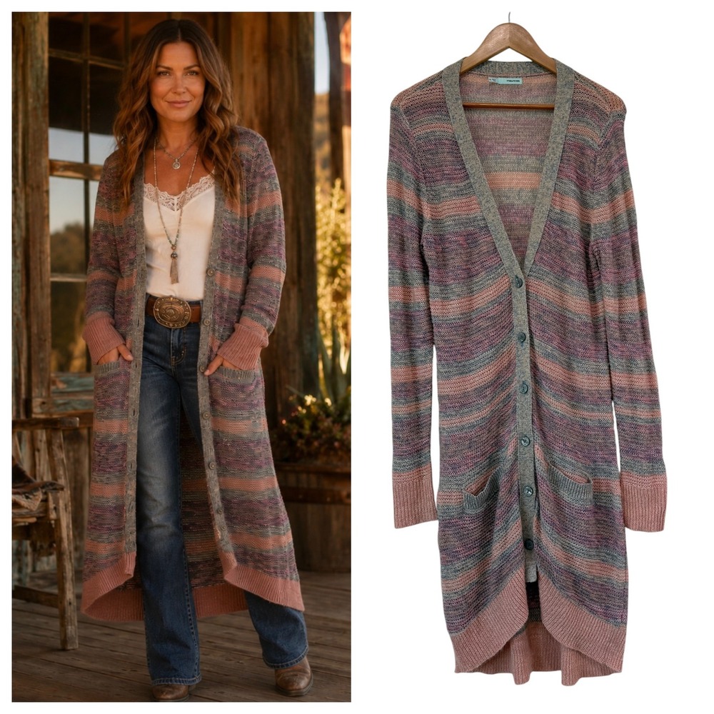 Boho Pastel Stripe Longline Duster Cardigan XL Button Front Open Knit Pockets